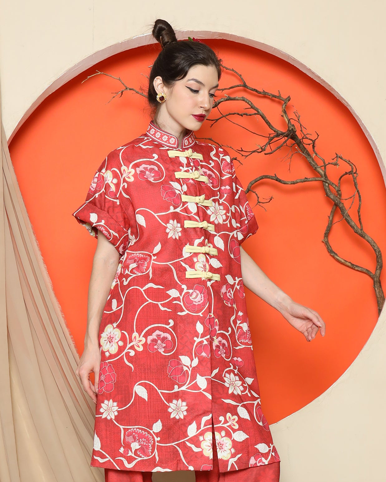 KANZI COLLECTION | Red Floral Cheongsam Pant Set