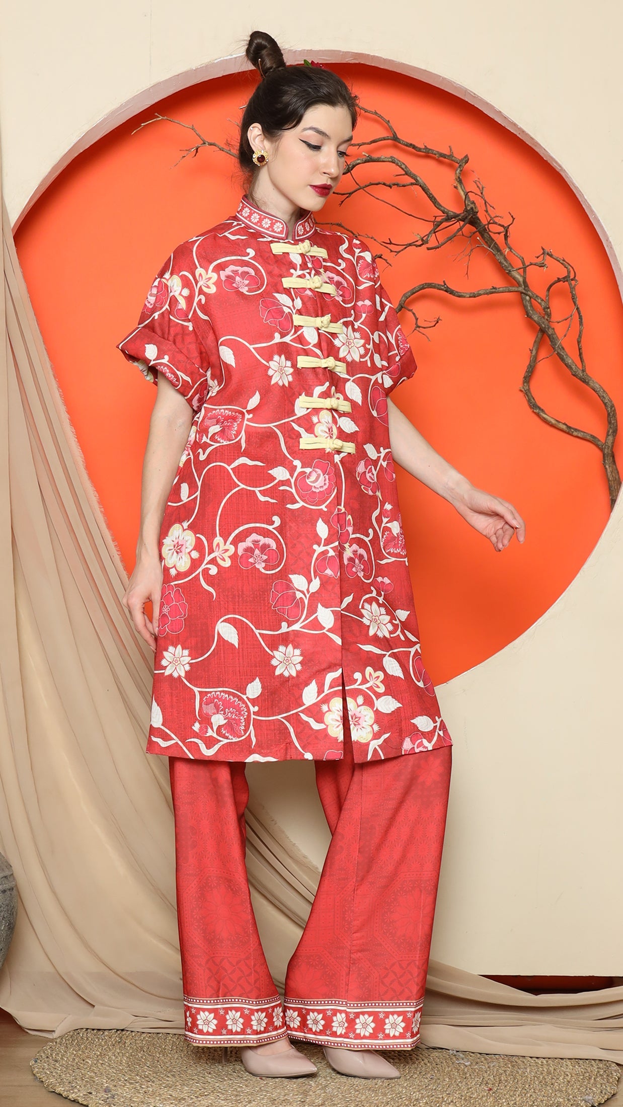 KANZI COLLECTION | Red Floral Cheongsam Pant Set