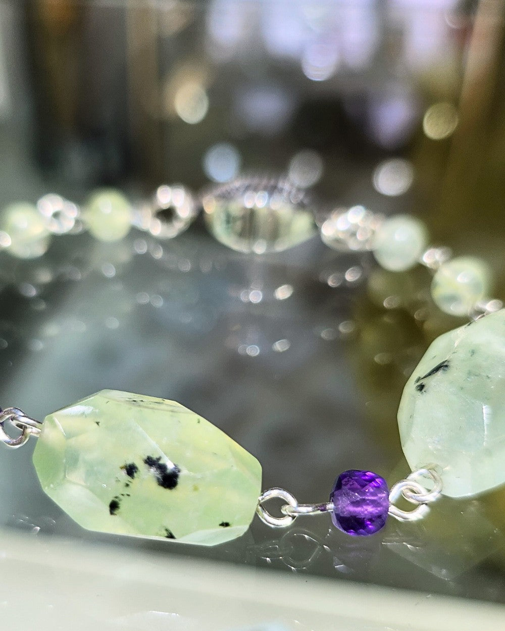 CREATIVE JEWELLERY STUDIO | Passion Prehnite & Amethyst, Silver Bracelet by Hooked On Maille