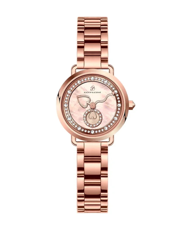 BLACK BY BLUE BRAVE | Cupid 28mm Pink Mother Of Pearl Dial Heart Shaped Hands Rose Gold Bracelet Watch