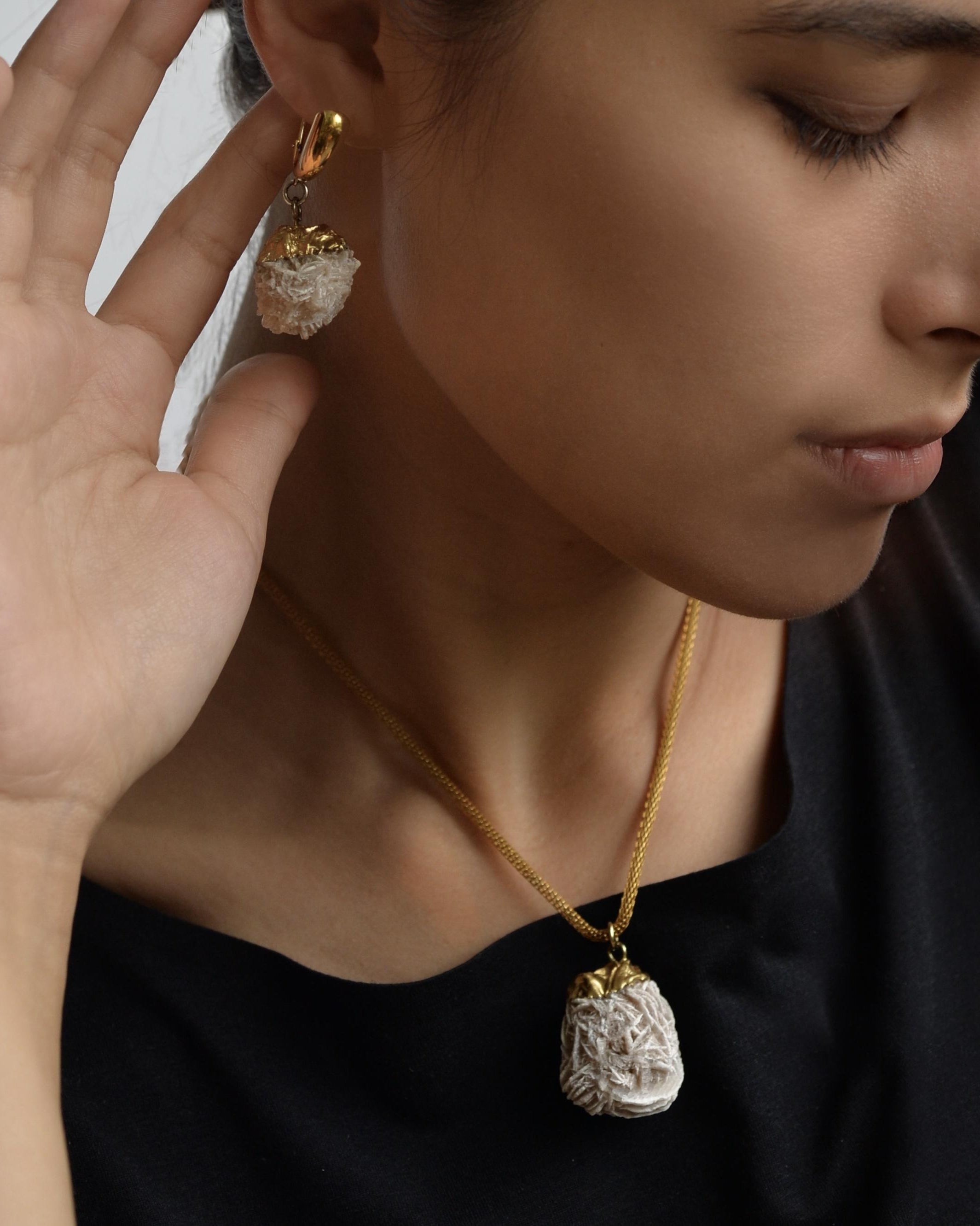 MARILYN TAN JEWELLERY | Natural Beige Desert Rose Clip and Post Gold Earrings