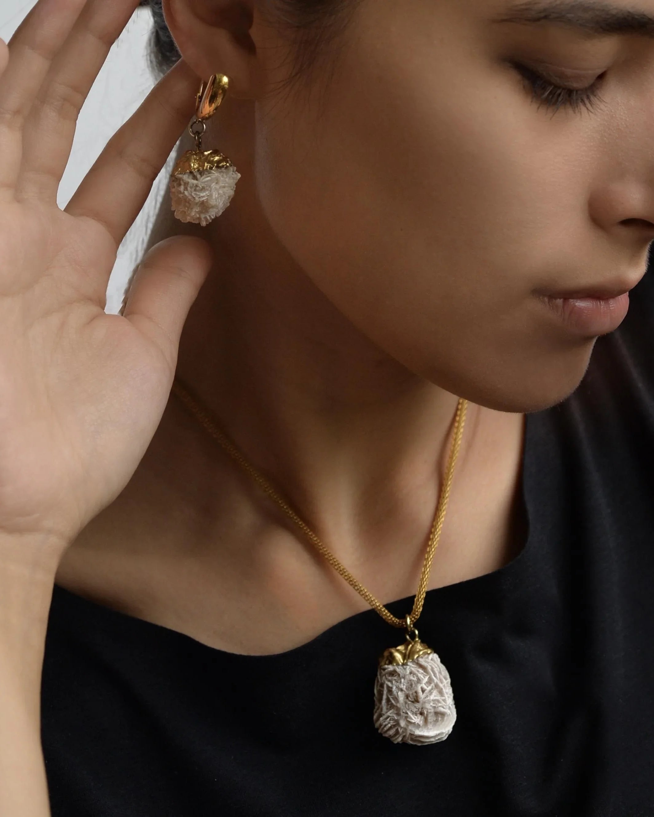 MARILYN TAN JEWELLERY | Natural Beige Desert Rose Clip and Post Gold Earrings
