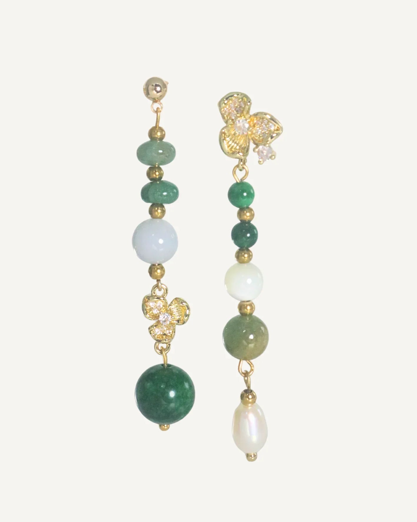 THE ANTECEDANT STORE | E - Asymmetrical Green Aventurine and Chalcedony Orchid Earrings