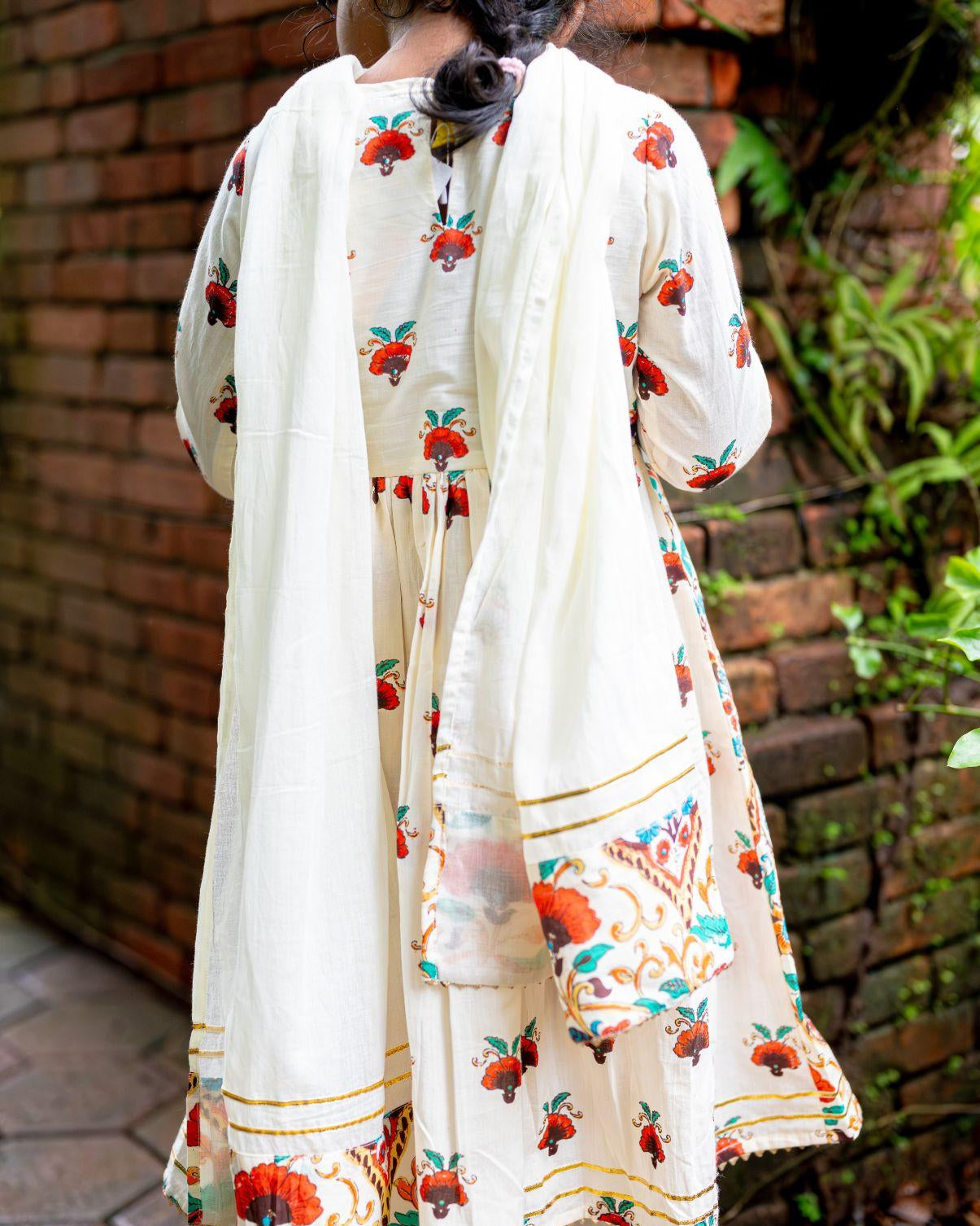 NIMBU | Rosa Girls Anarkali With Dupatta Set In Off White