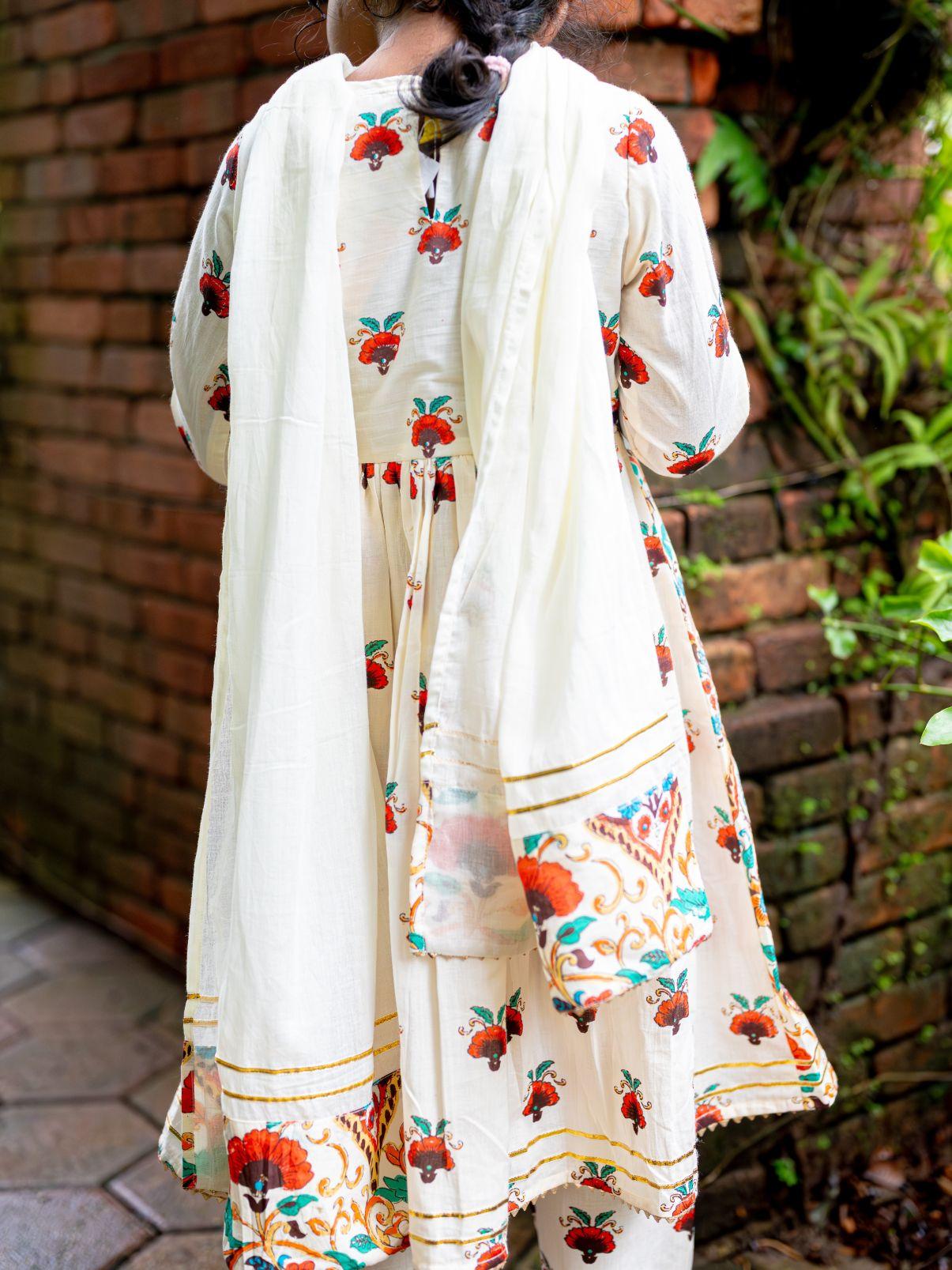 NIMBU | Rosa Girls Anarkali With Dupatta Set In Off White