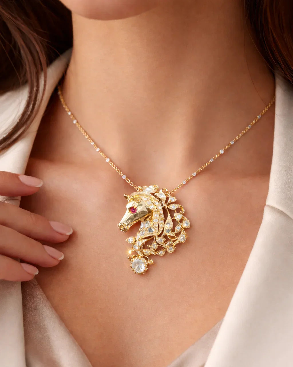 FOUNDATION JEWELLERS | 750 Y/G Peranakan Natural Rose Cut Diamond Pendant Brooch "Horse" 10.19gm Ruby2-010ct RCD41-1.14ct RCD1-0.51ct