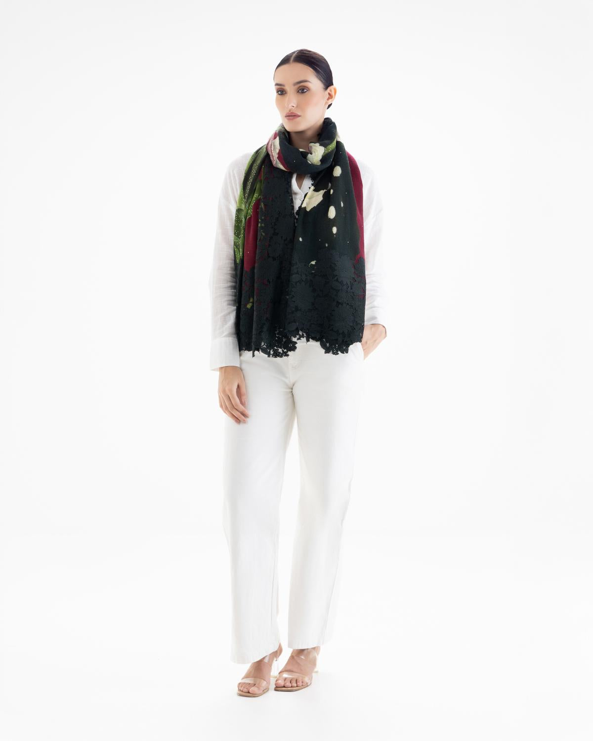 QUEENMARK | AN Assorted Lace Print Crystal Shawl Dark Green Green 1