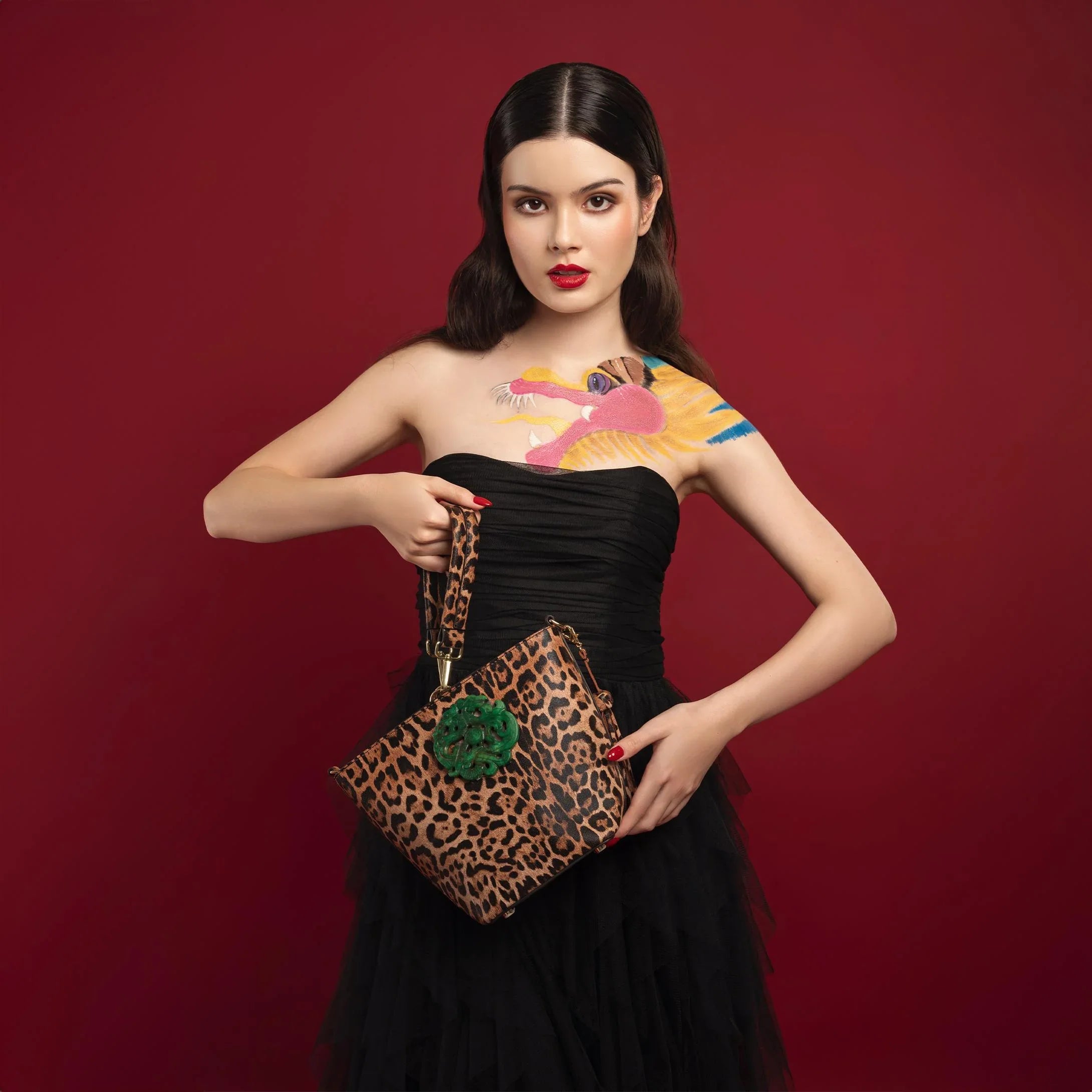 DESTI SAINT | Noora Bucket Crossbody | Leopard Print Leather w Green Jade Stone Ingot