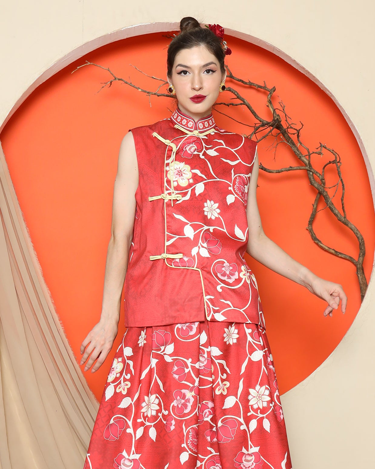 KANZI COLLECTION | Red Cheongsam Floral Vest With Floral Skirt