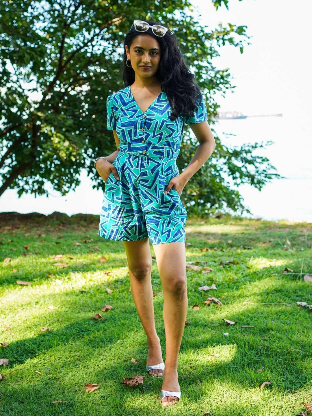 NIMBU | Nixi Women's Playsuit In Geometric Blue