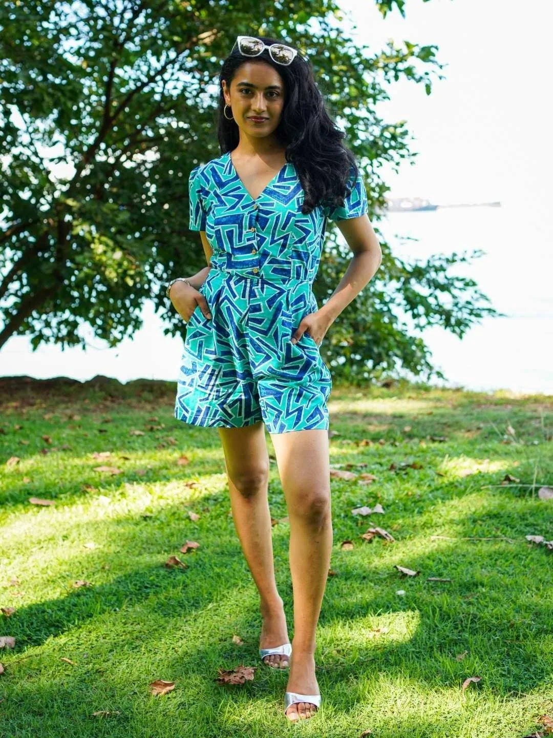 NIMBU | Nixi Women's Playsuit In Geometric Blue
