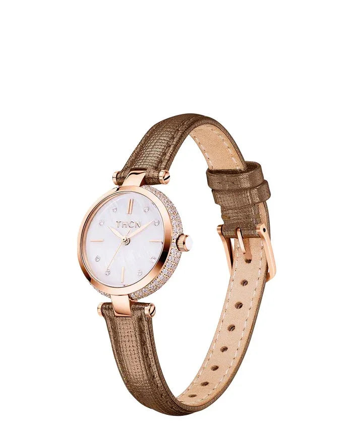 BLACK BY BLUE BRAVE | THCN T· I Mother-of-Pearl Dial Brown Leather Strap Watch