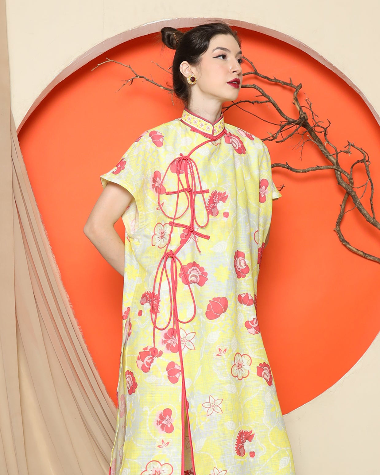 KANZI COLLECTION | Yellow Oriental Floral Cheongsam Pant Set