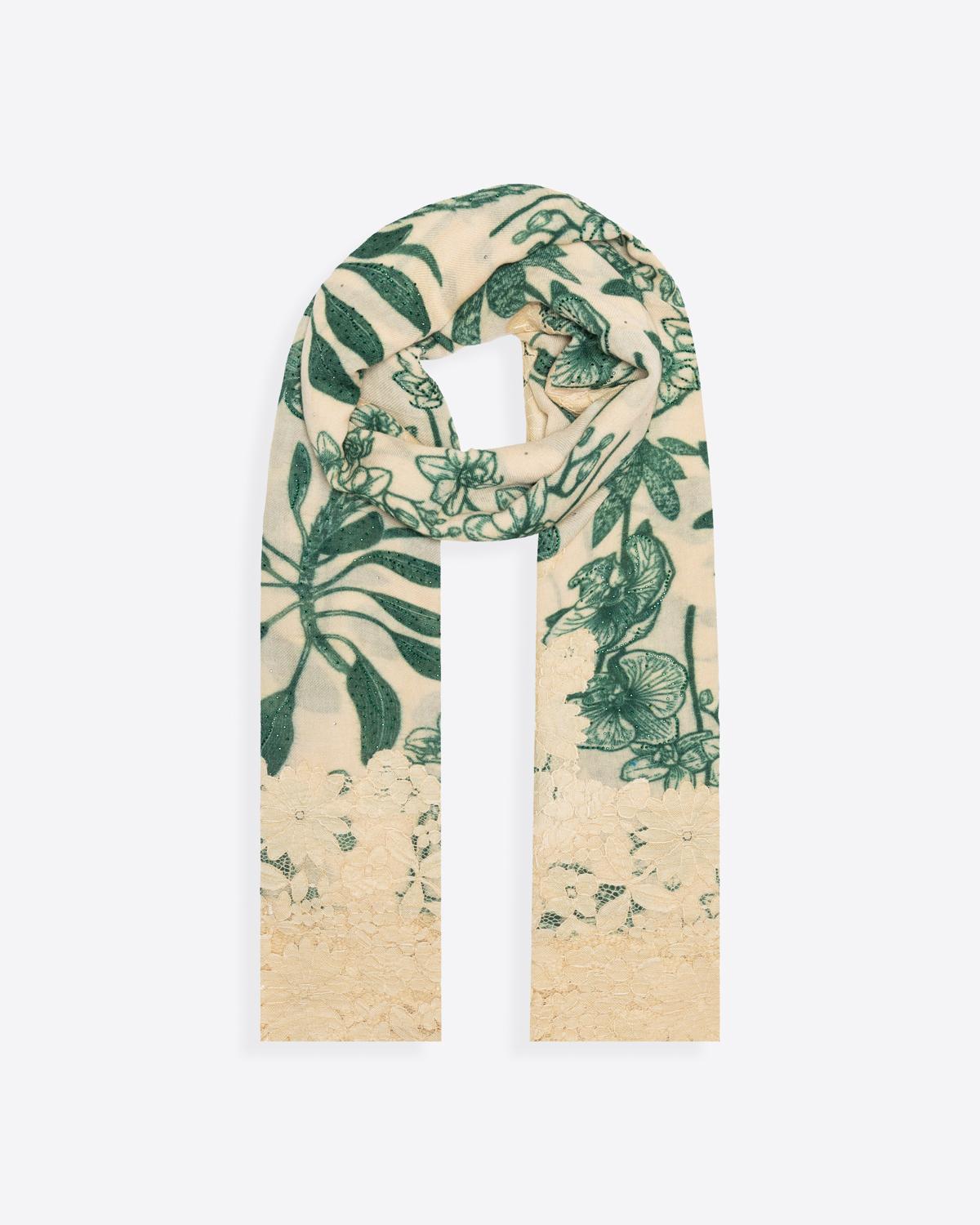 QUEENMARK | AN Assorted Lace Print Crystal Shawl Light Beige Green Flower