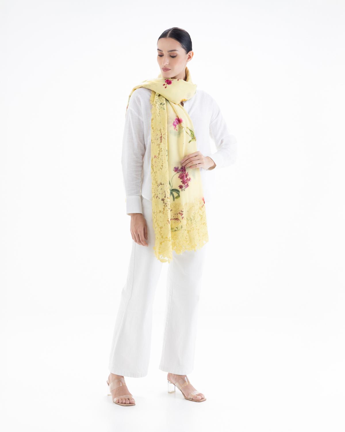 QUEENMARK | AN Assorted Lace Print Crystal Shawl Light Yellow Flower