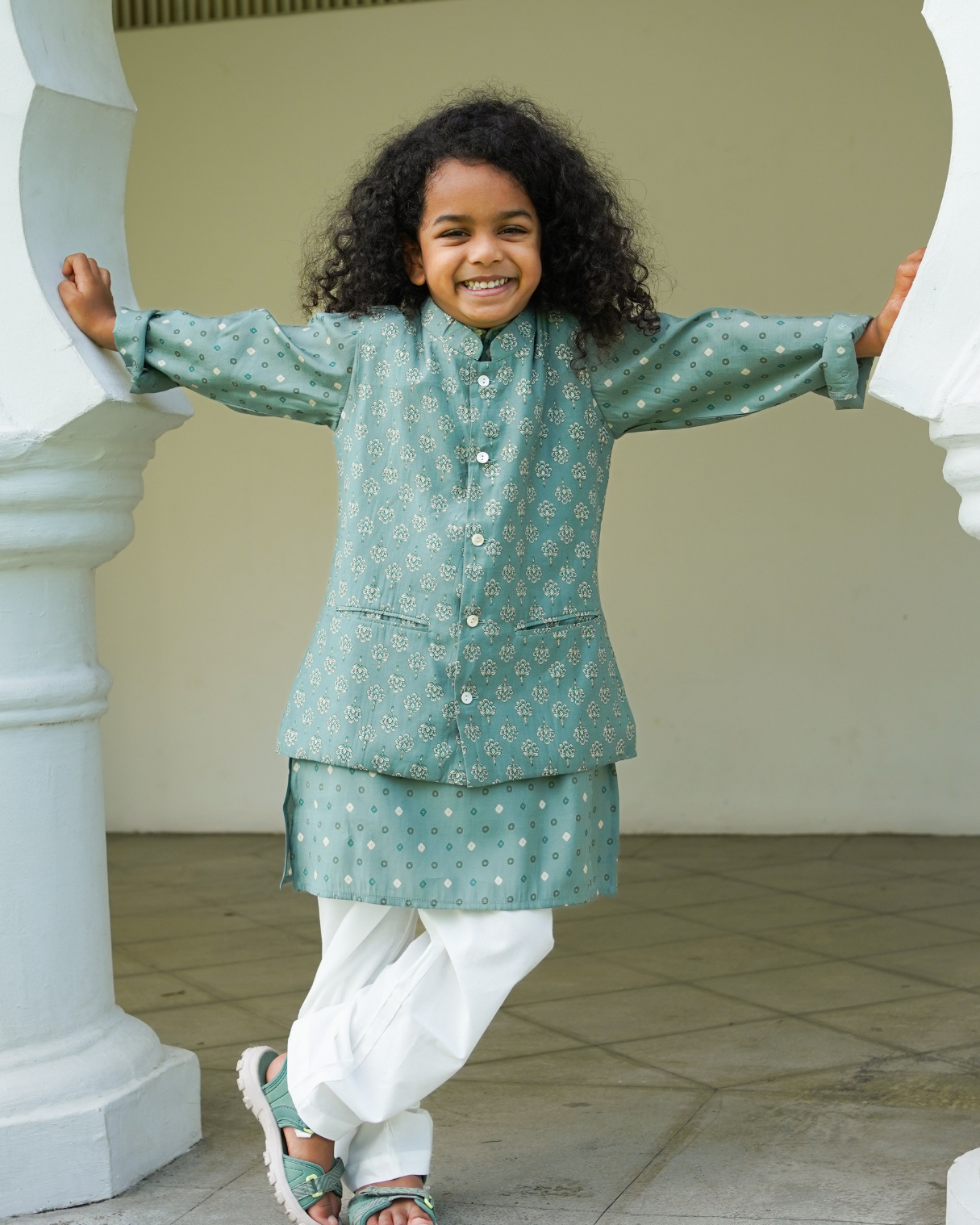 NIMBU | Vir Sage Green Boys Kurta Pajama Jacket in Muslin Cotton