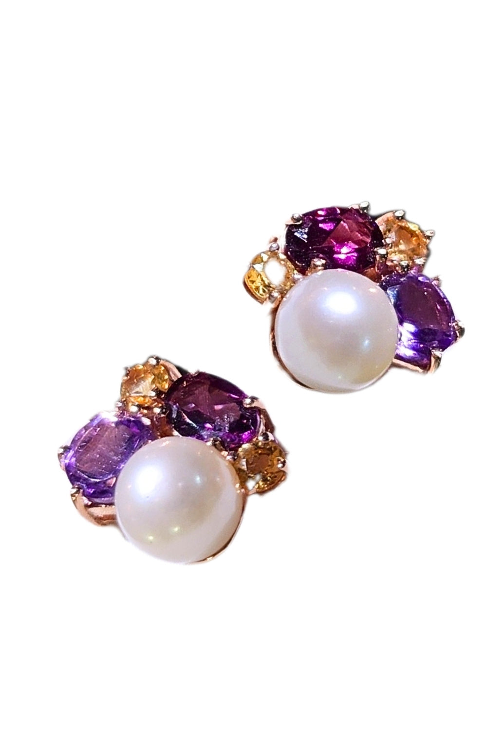CREATIVE JEWELLERY STUDIO | Amethyst, Rhodolite, Citrine & Pearl, Rose Gold Plated Silver Earrings by Blissadora