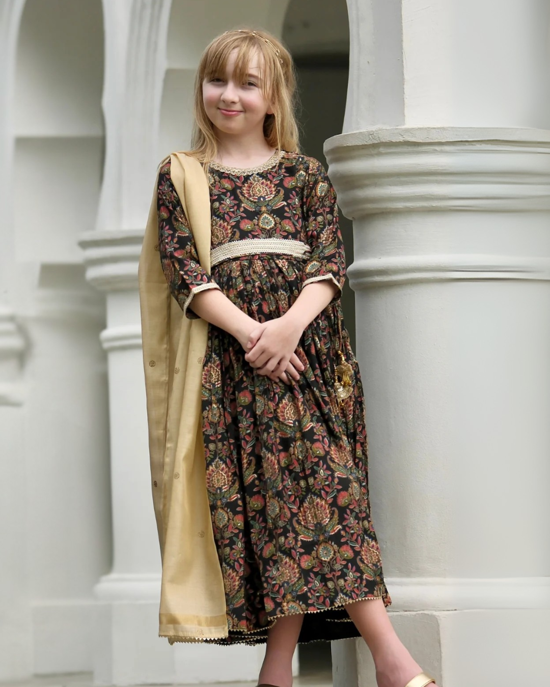 NIMBU | Nama Girls Black Anarkali Gown Dress In Red Floral