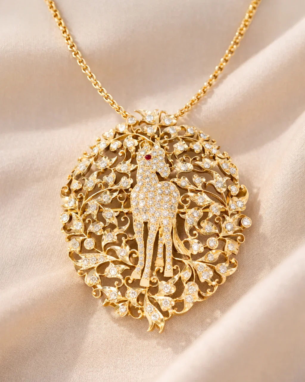 FOUNDATION JEWELLERS | 750 Y/G Peranakan Natural Diamond Pendant Brooch "Horse" 23.45gm D154-2.92ct Ruby1-0.01ct