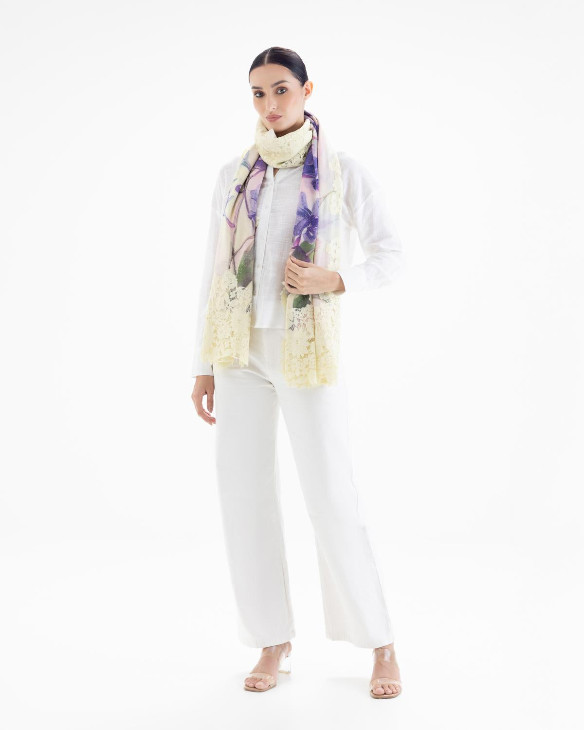 QUEENMARK | AN Assorted Lace Print Crystal Shawl Ivory Purple Flower