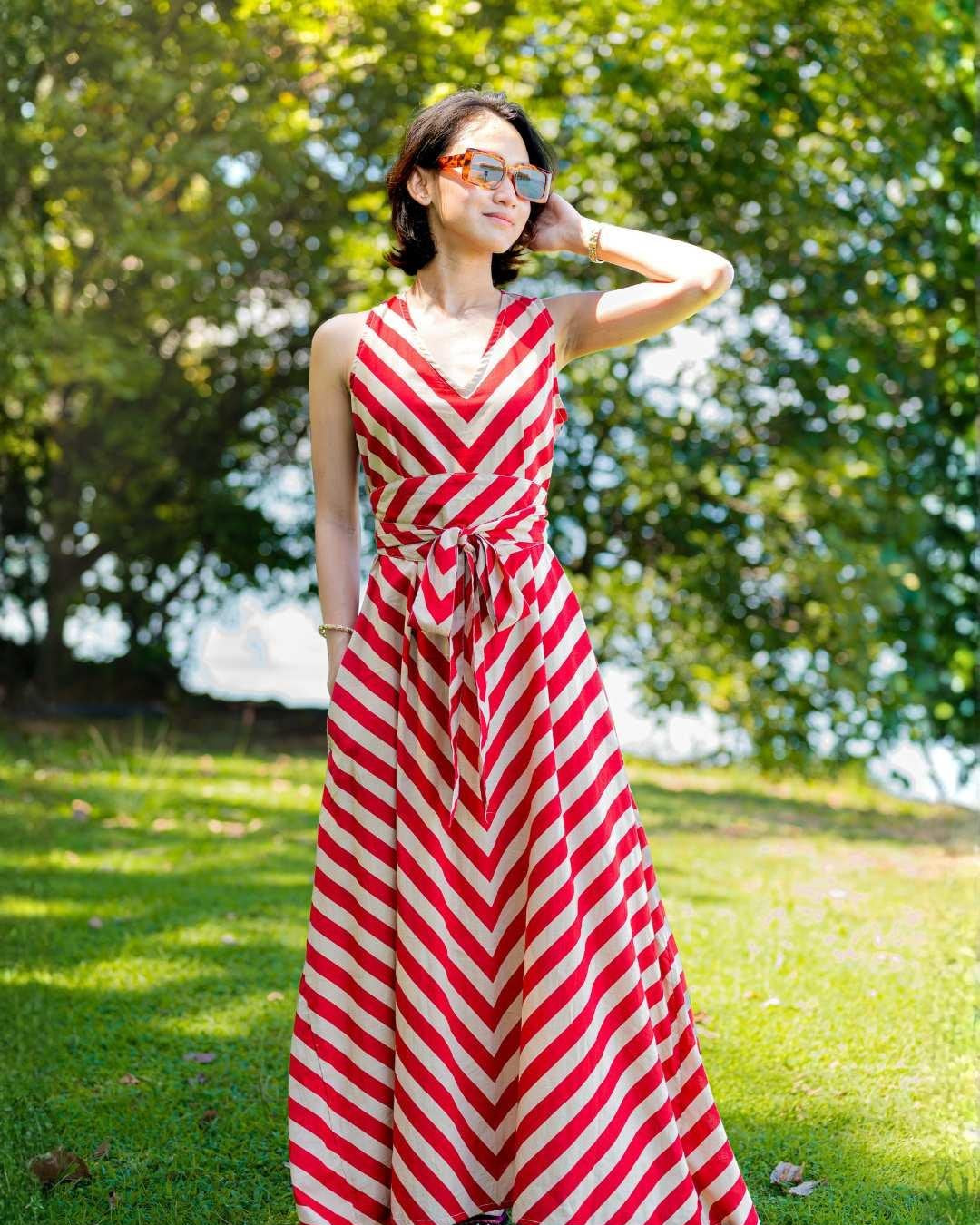 NIMBU | Vela Women's Wave Dress In Red With Obi Belt