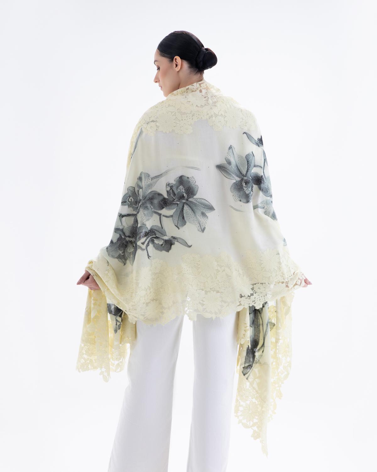 QUEENMARK | AN Assorted Lace Print Crystal Shawl Ivory Dark Green Flower