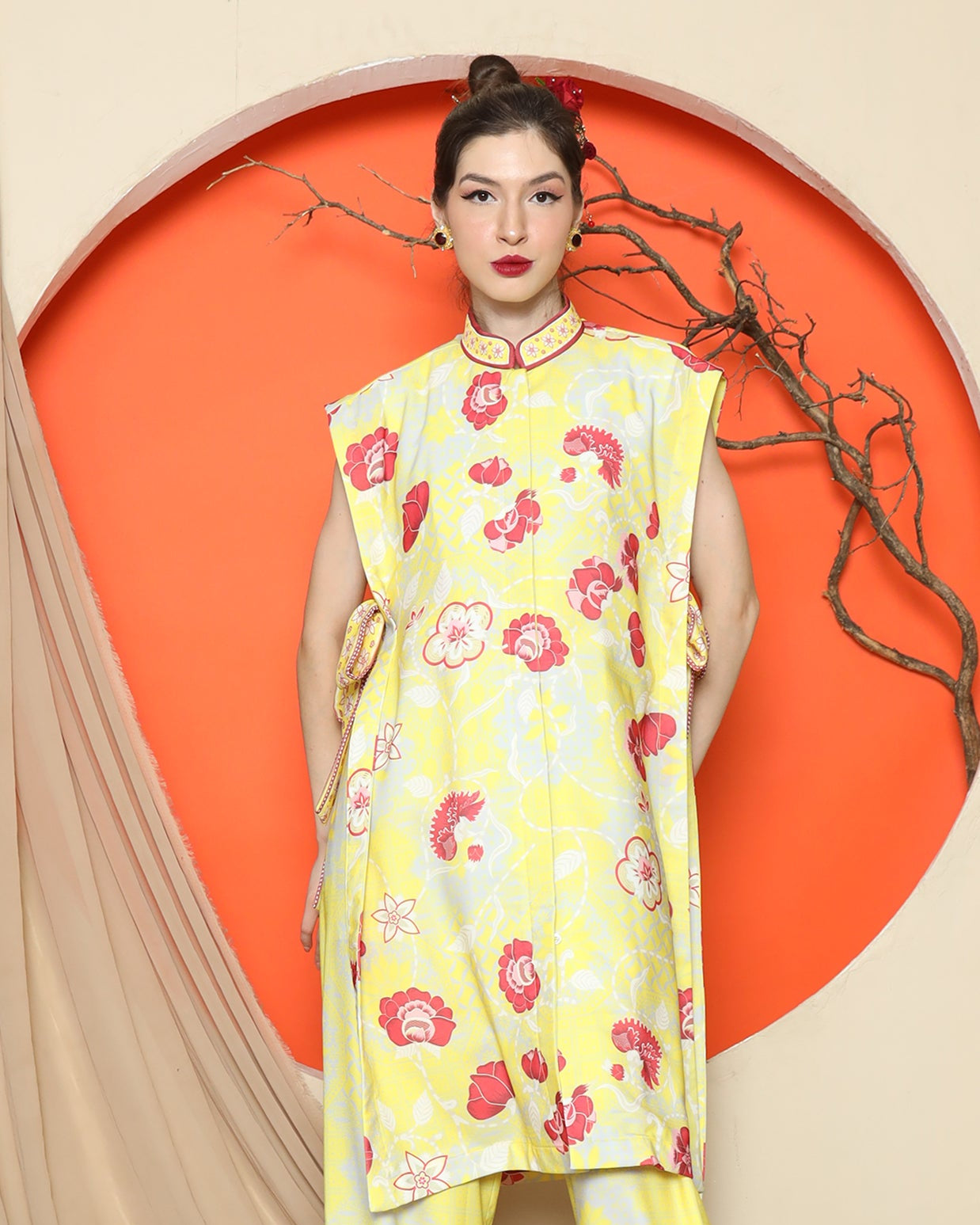 KANZI COLLECTION | Yellow Vest Kimono Jacquard Floral Pant Set