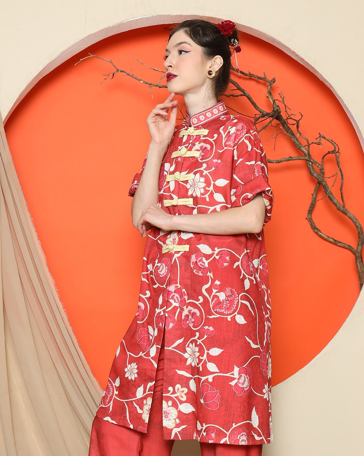 KANZI COLLECTION | Red Floral Cheongsam Pant Set
