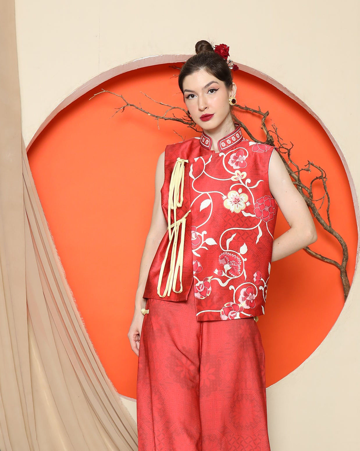 KANZI COLLECTION | Red Cheongsam Floral Vest With Floral Pants Set