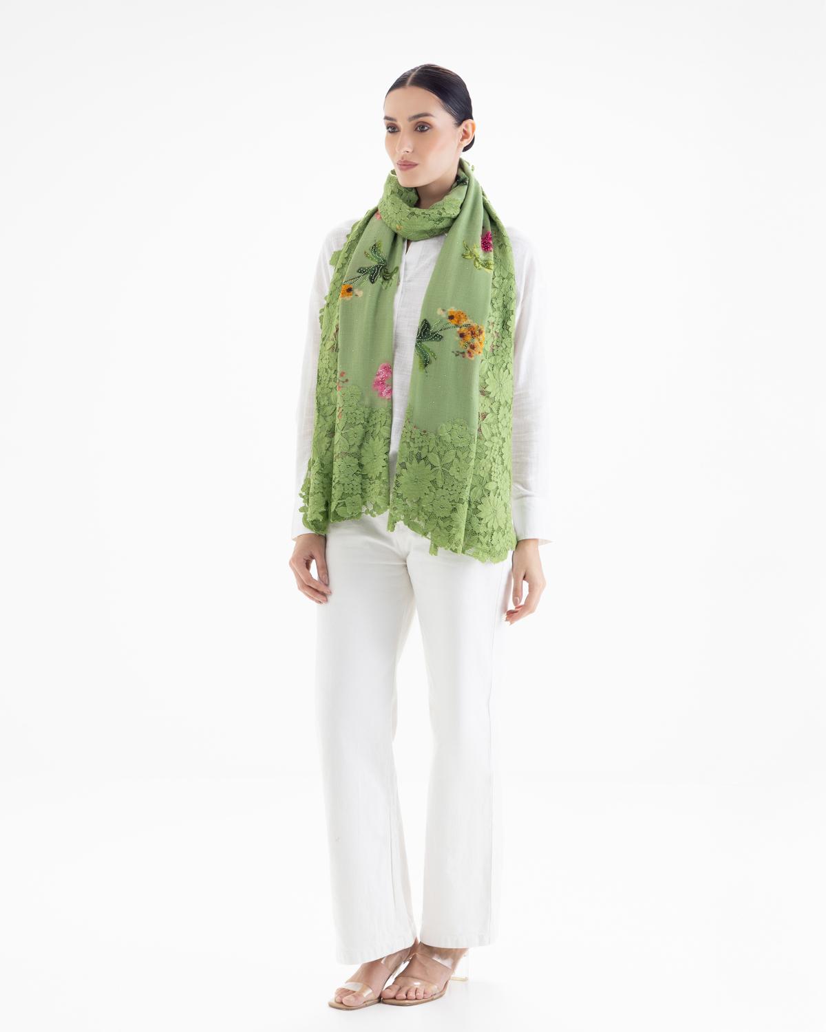 QUEENMARK | AN Assorted Lace Print Crystal Shawl Leaf Green