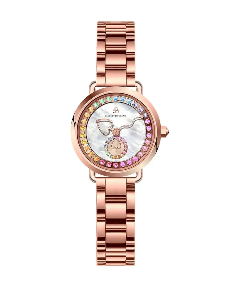 BLACK BY BLUE BRAVE | Cupid 28mm White Mother Of Pearl Dial Heart Shaped Hands Rose Gold Bracelet Watch