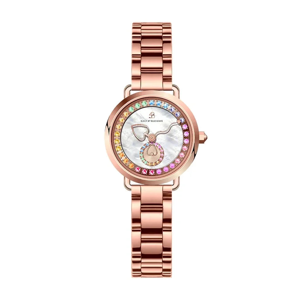 BLACK BY BLUE BRAVE | Cupid 28mm White Mother Of Pearl Dial Heart Shaped Hands Rose Gold Bracelet Watch