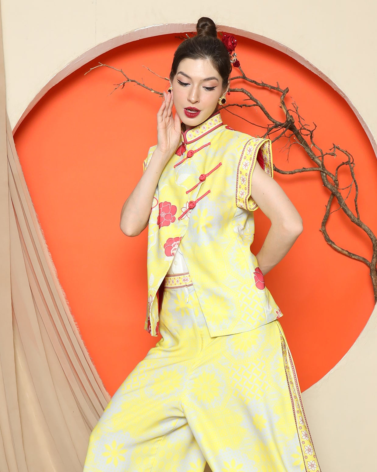 KANZI COLLECTION | Yellow Cheongsam Floral Vest With Wide Leg Pant Set