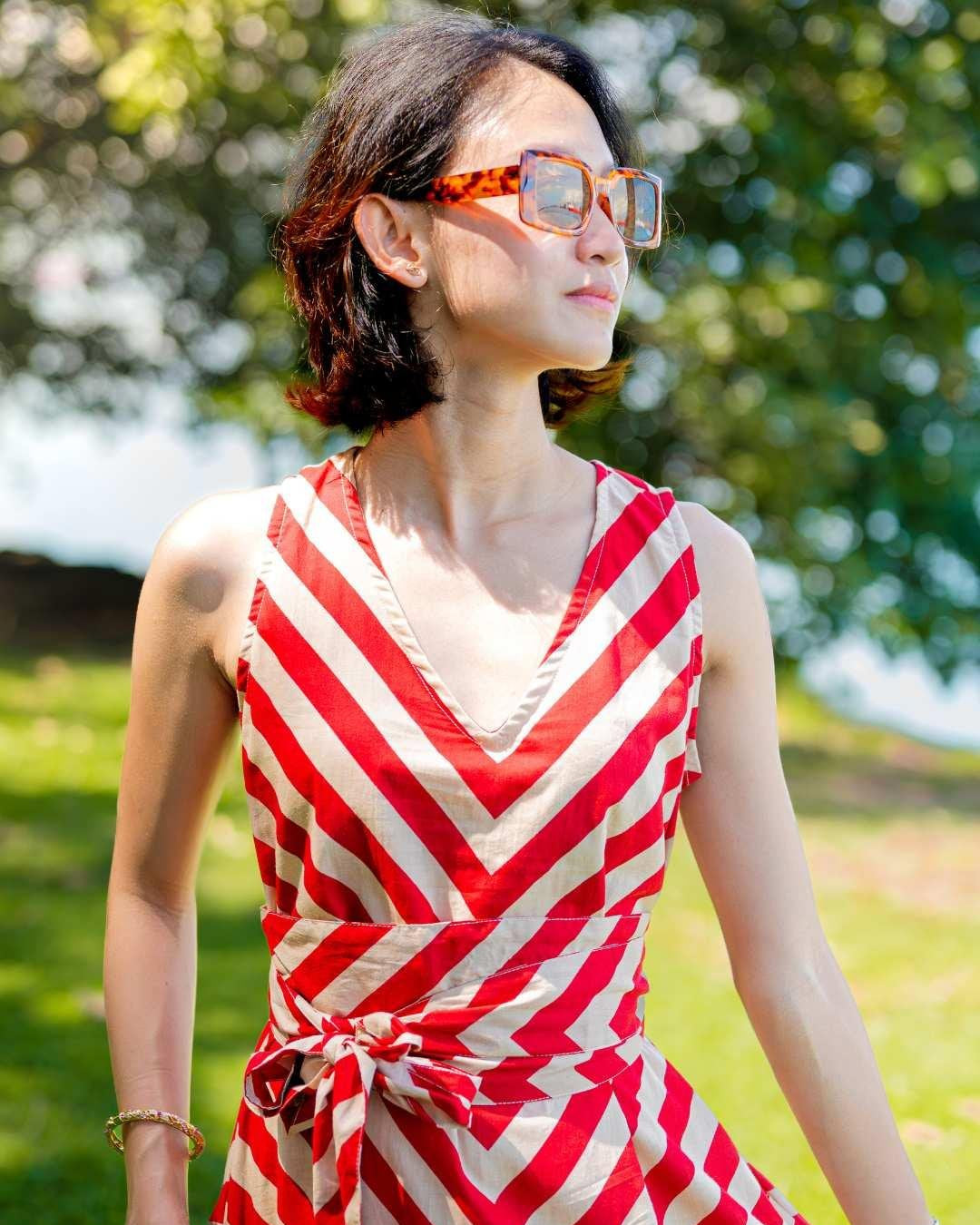NIMBU | Vela Women's Wave Dress In Red With Obi Belt