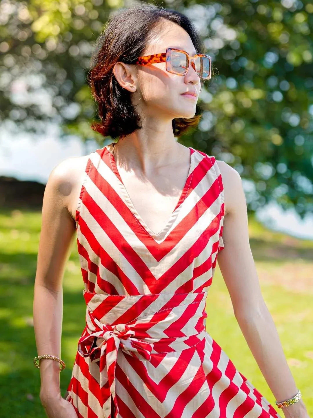 NIMBU | Vela Women's Wave Dress In Red With Obi Belt