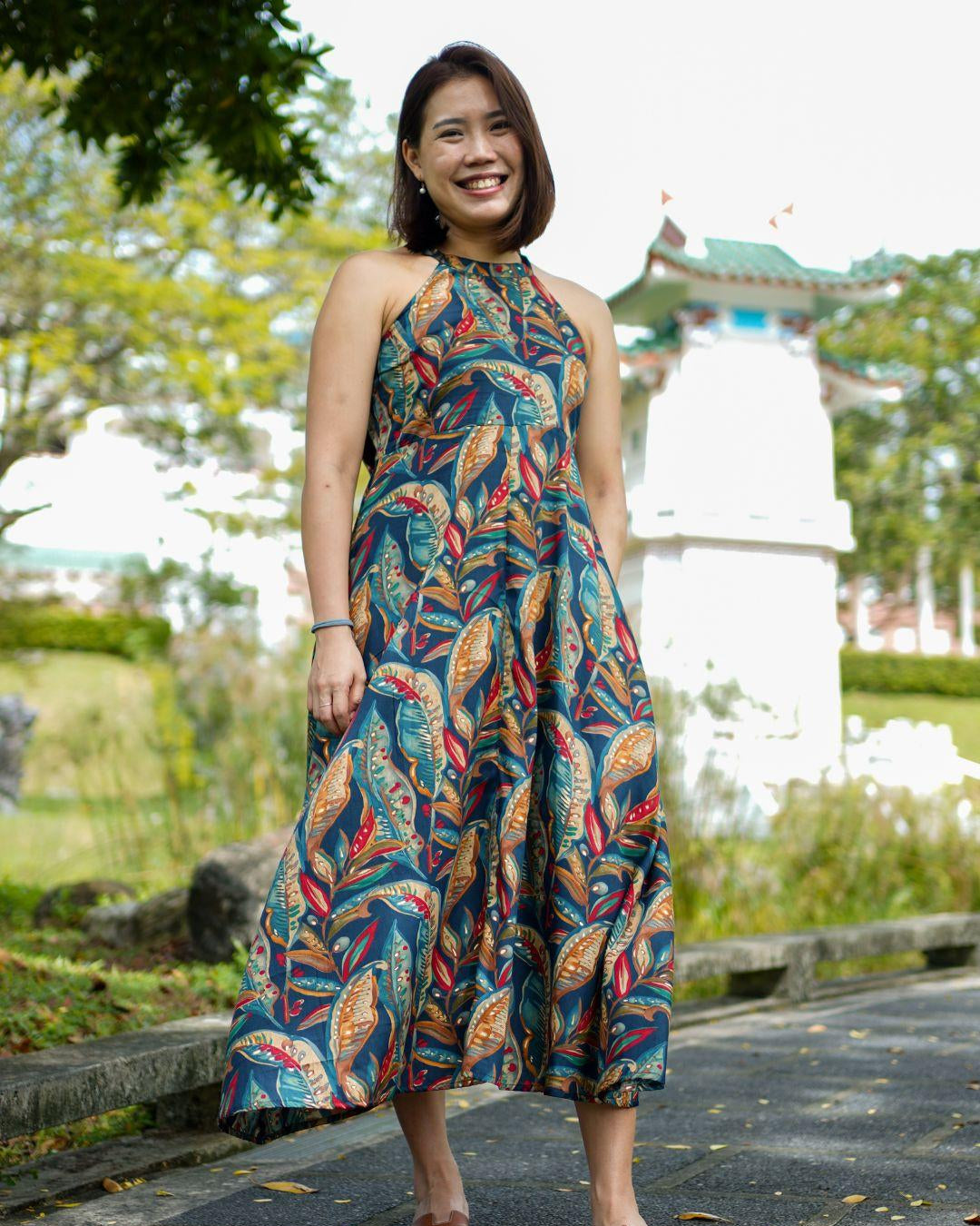 NIMBU | Eden Skyfall Women's Long Halter In Midnight Blue In Muslin Cotton