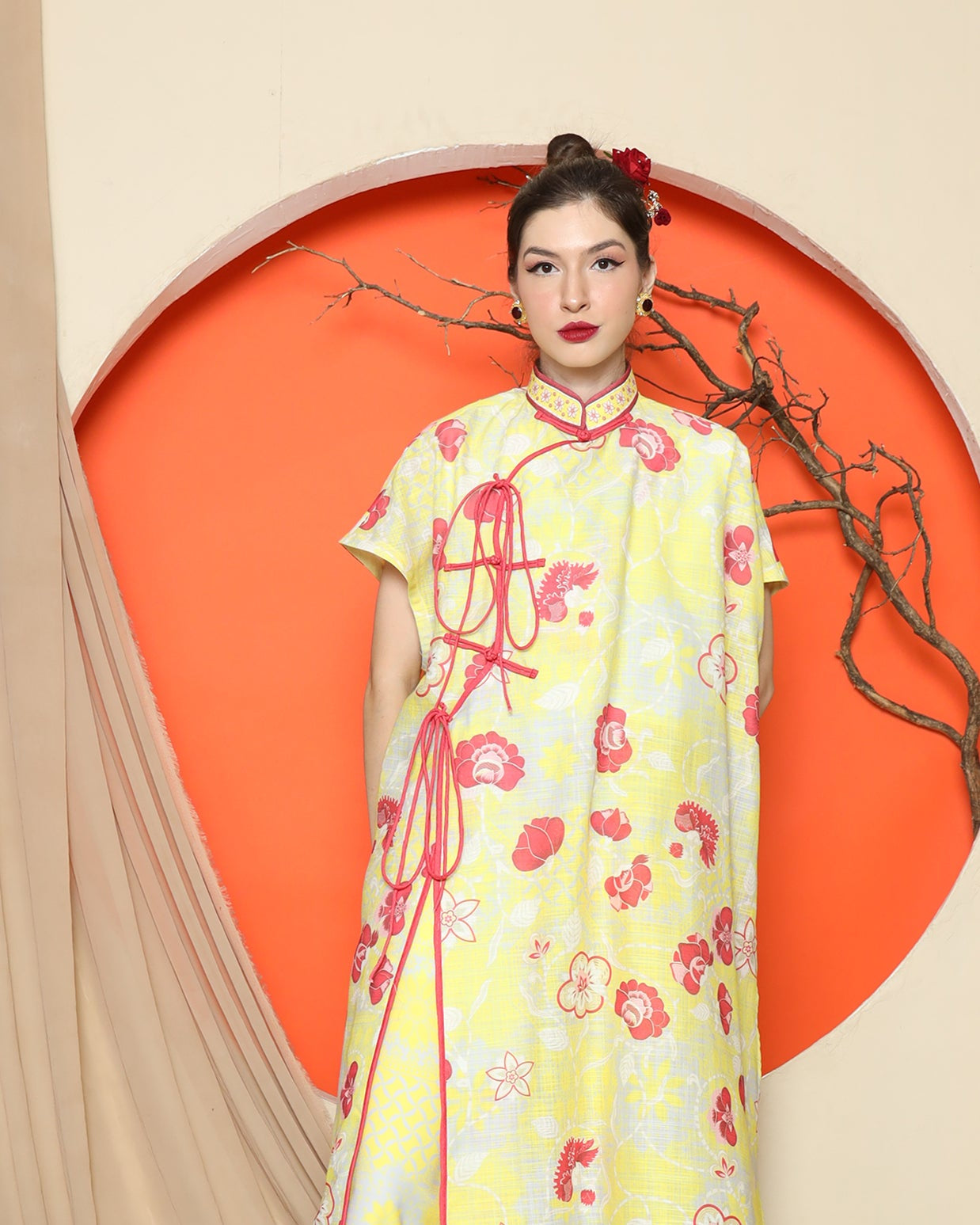 KANZI COLLECTION | Yellow Oriental Floral Cheongsam Pant Set