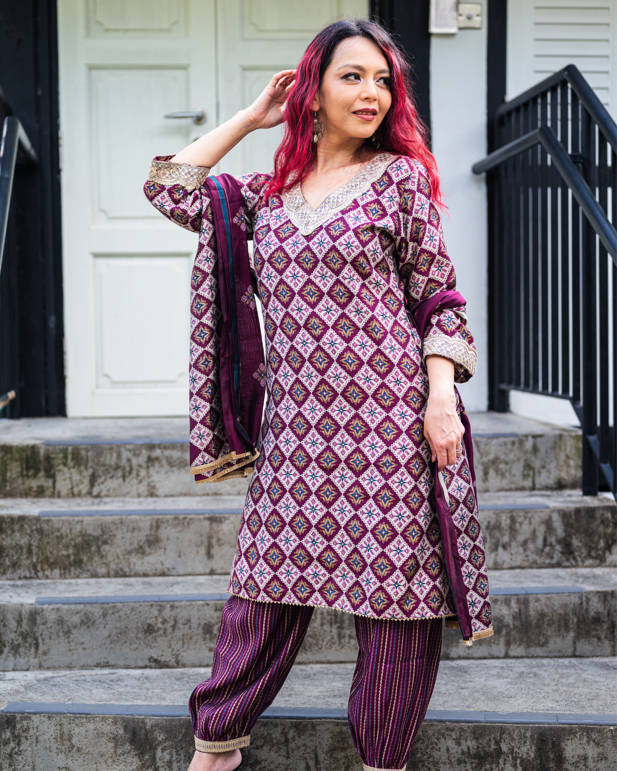 NIMBU | Tara Purple Women's Choga Style Kurti & Salwar Set in Muslin Cotton with Matching Dupatta