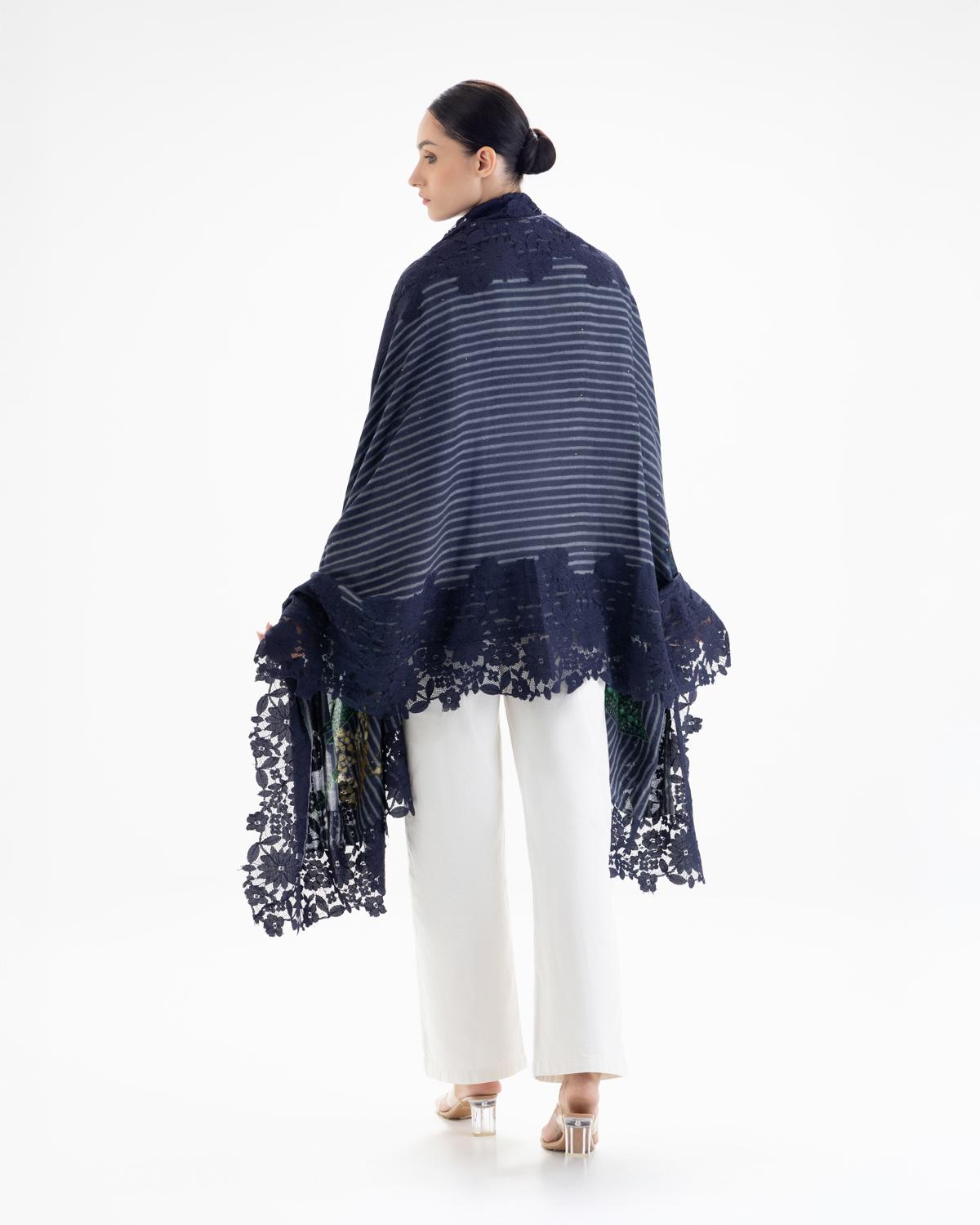 QUEENMARK | AN Assorted Lace Print Crystal Shawl Dark Blue Blue Bird 2