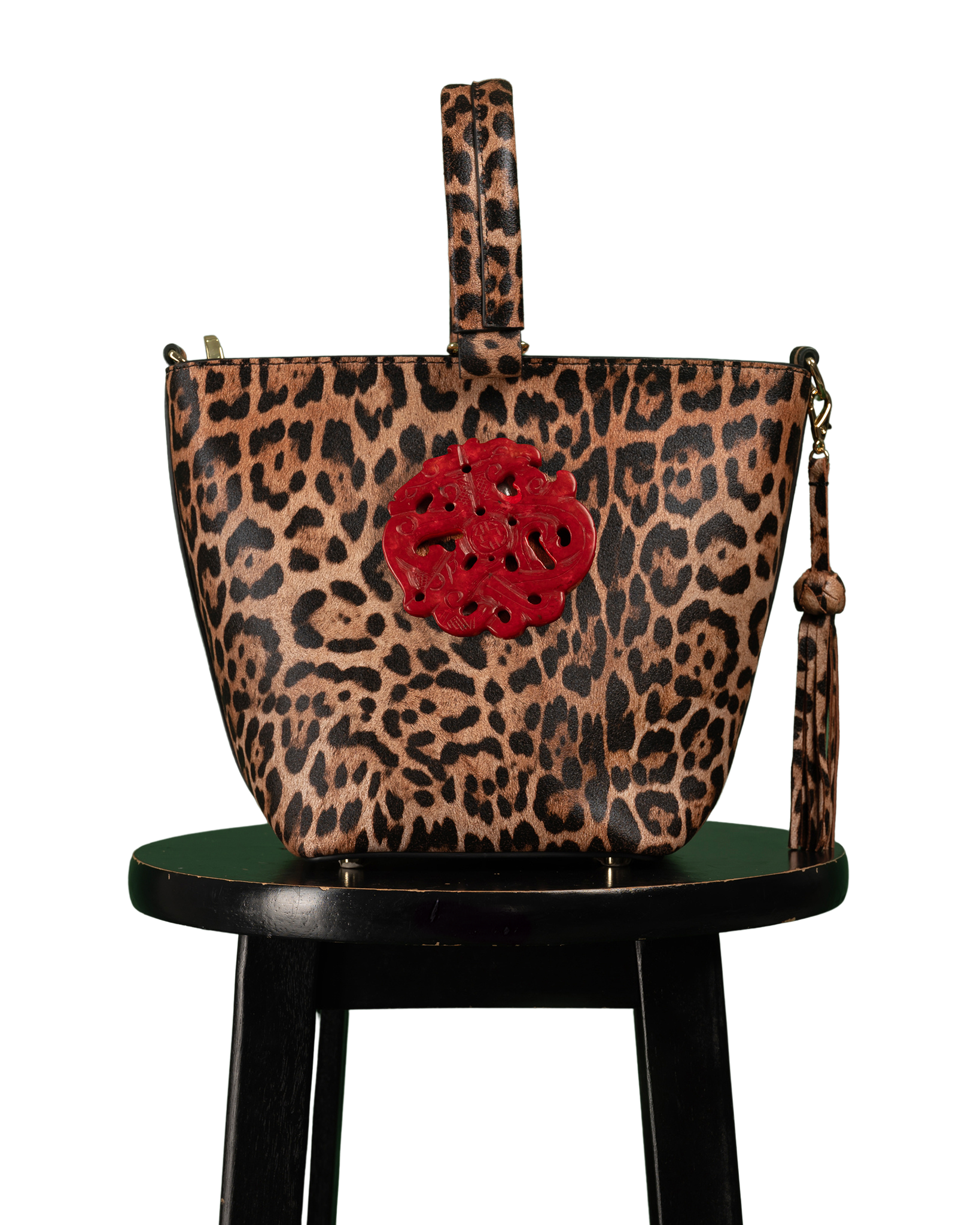 DESTI SAINT | Noora Bucket Crossbody | Leopard Print Leather w Red Jade Stone Ingot