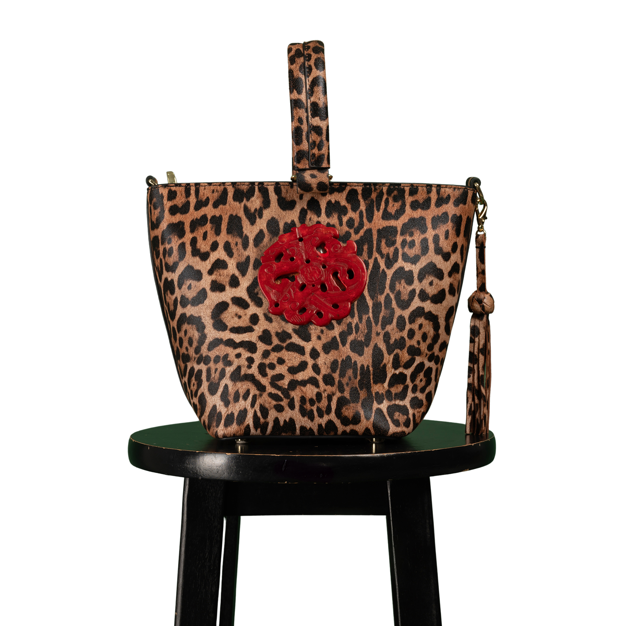 DESTI SAINT | Noora Bucket Crossbody | Leopard Print Leather w Red Jade Stone Ingot