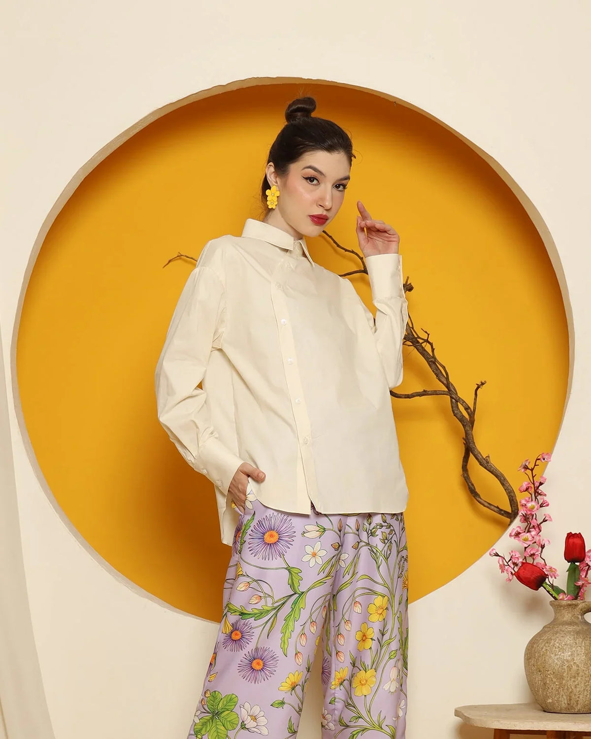 KANZI COLLECTION | Cheongsam Button Shirt With Purple Flower Pants Set