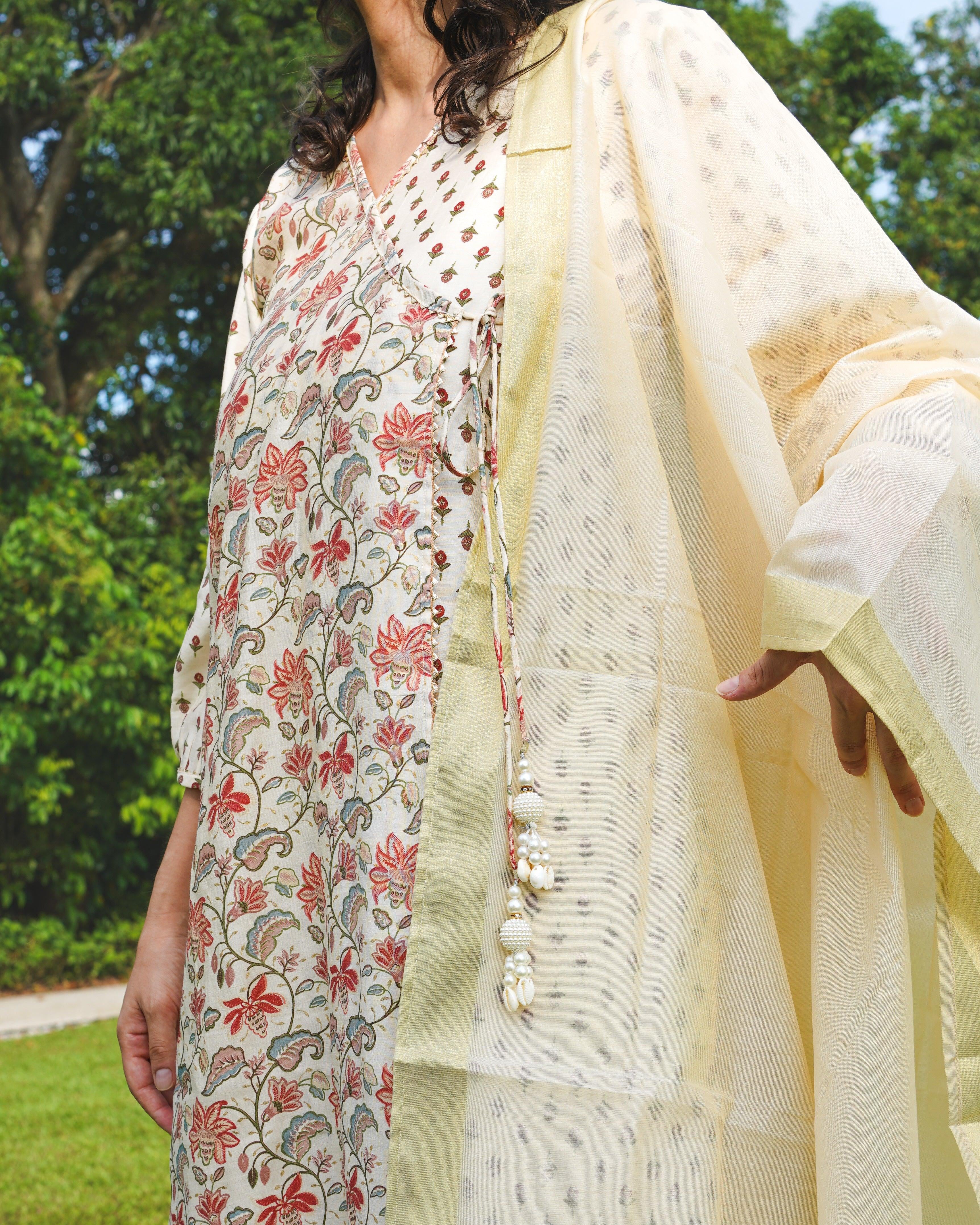 NIMBU | Nia Womens Pearl White Floral Angarkha Kurti & Salwar With Dupatta Set In Muslin Cotton