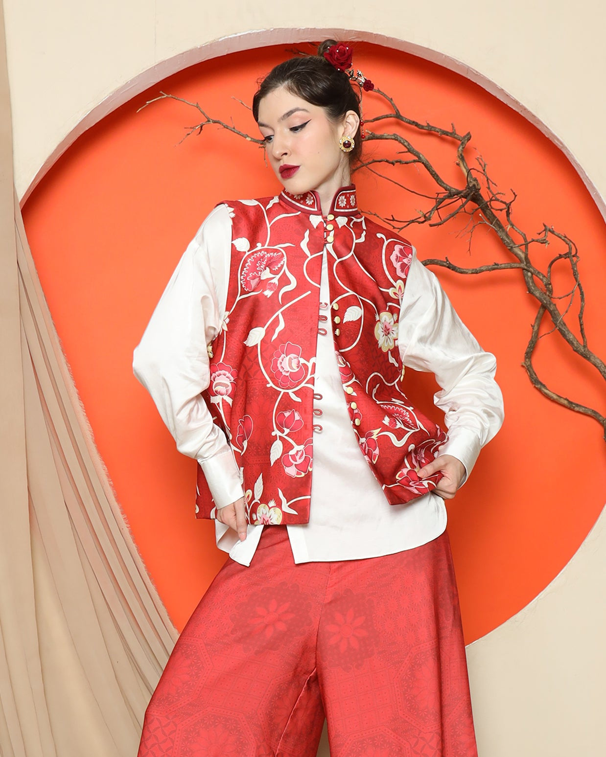 KANZI COLLECTION | Red Floral Side Button Vest With Pants Set