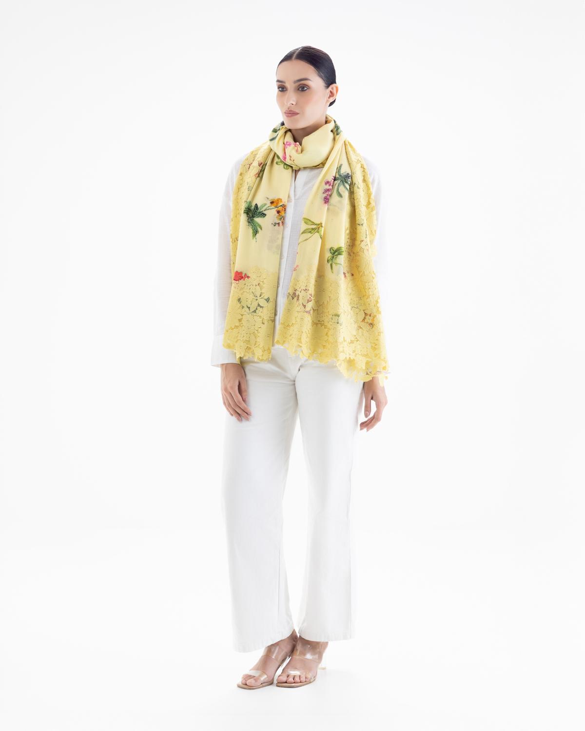 QUEENMARK | AN Assorted Lace Print Crystal Shawl Light Yellow Flower