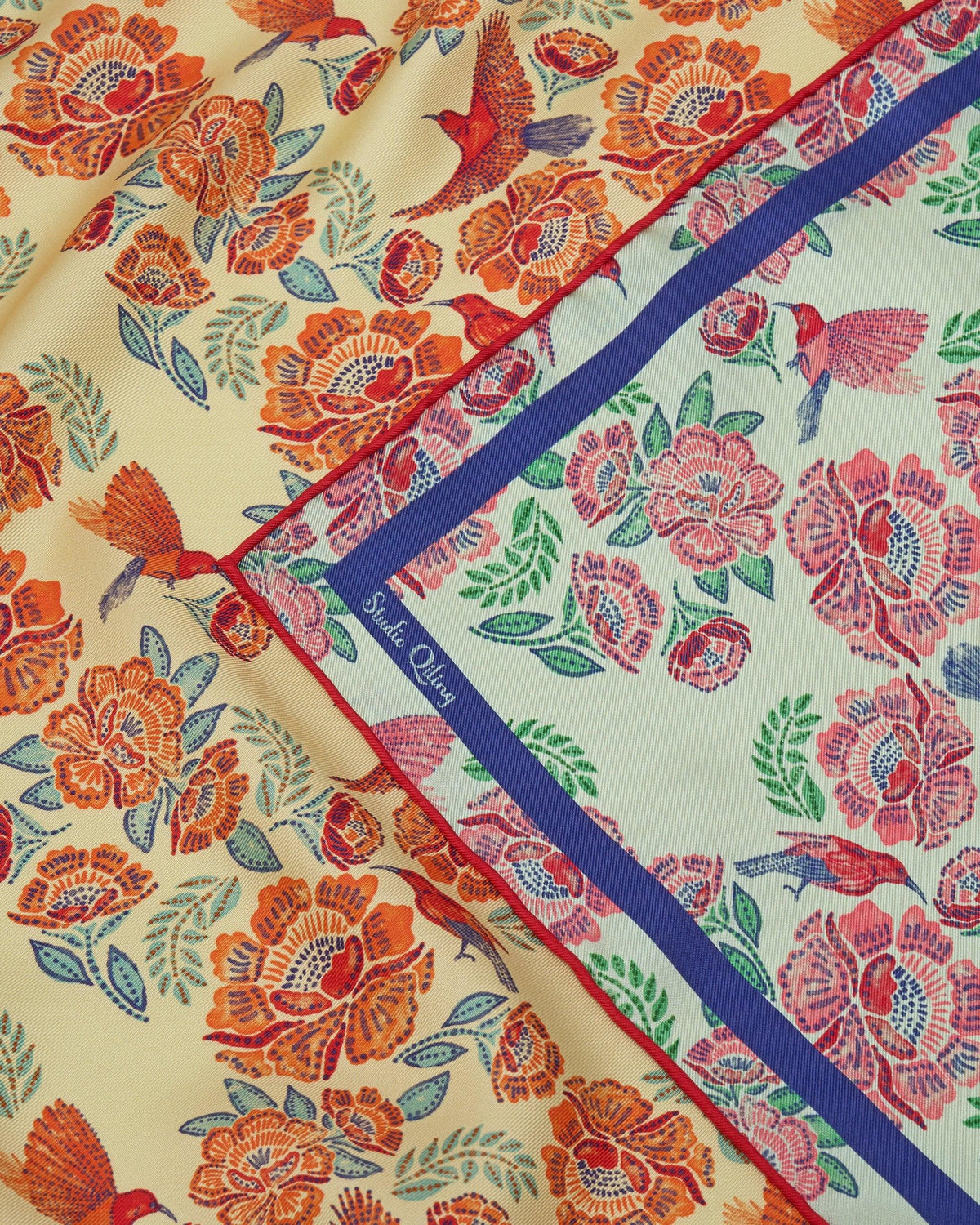 STUDIO QILING | Crimson Sunbird Mint Sunrise Double Side Silk Scarf 100