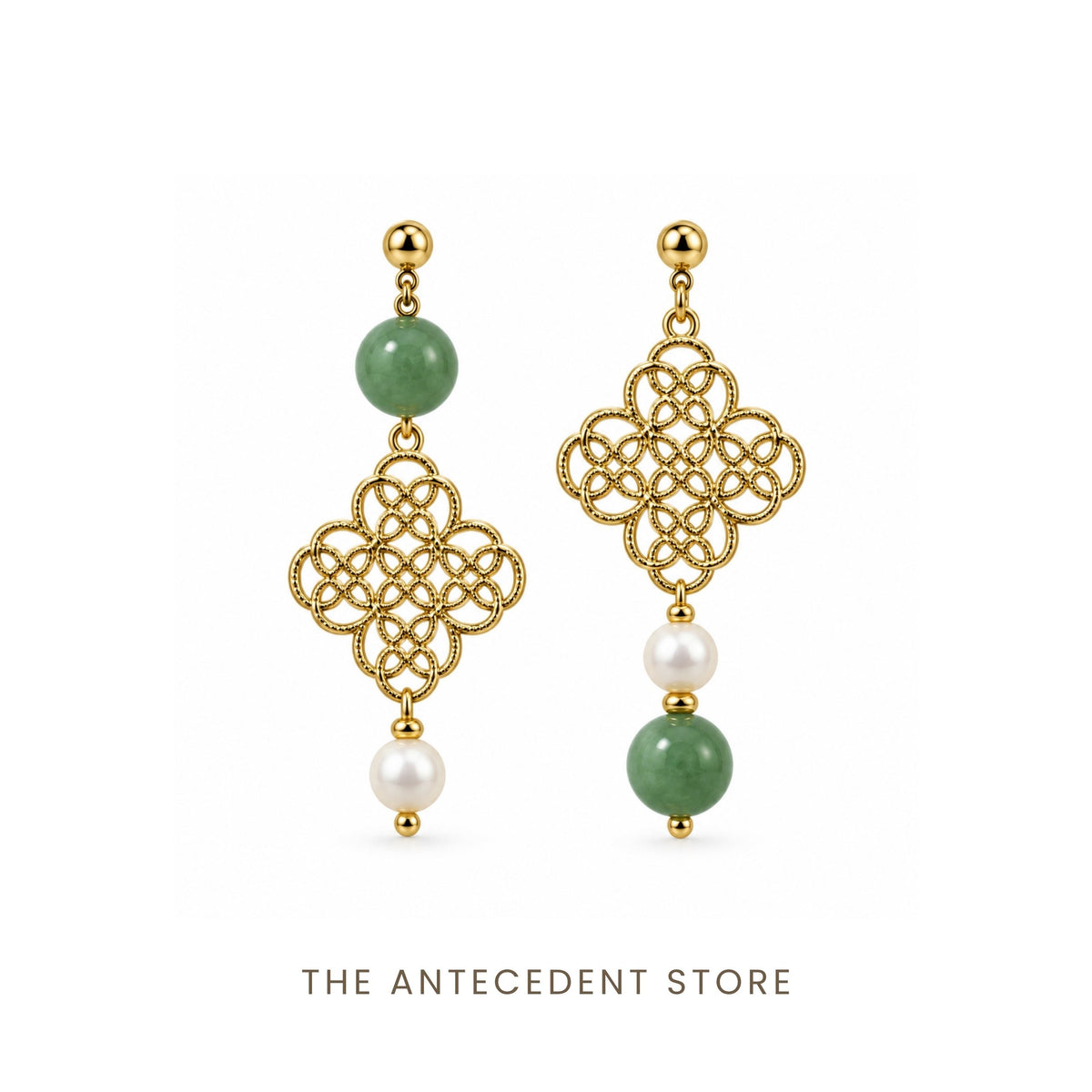 THE ANTECEDENT STORE | Asymmetrical Auspicious Motif Green Aventurine Earrings