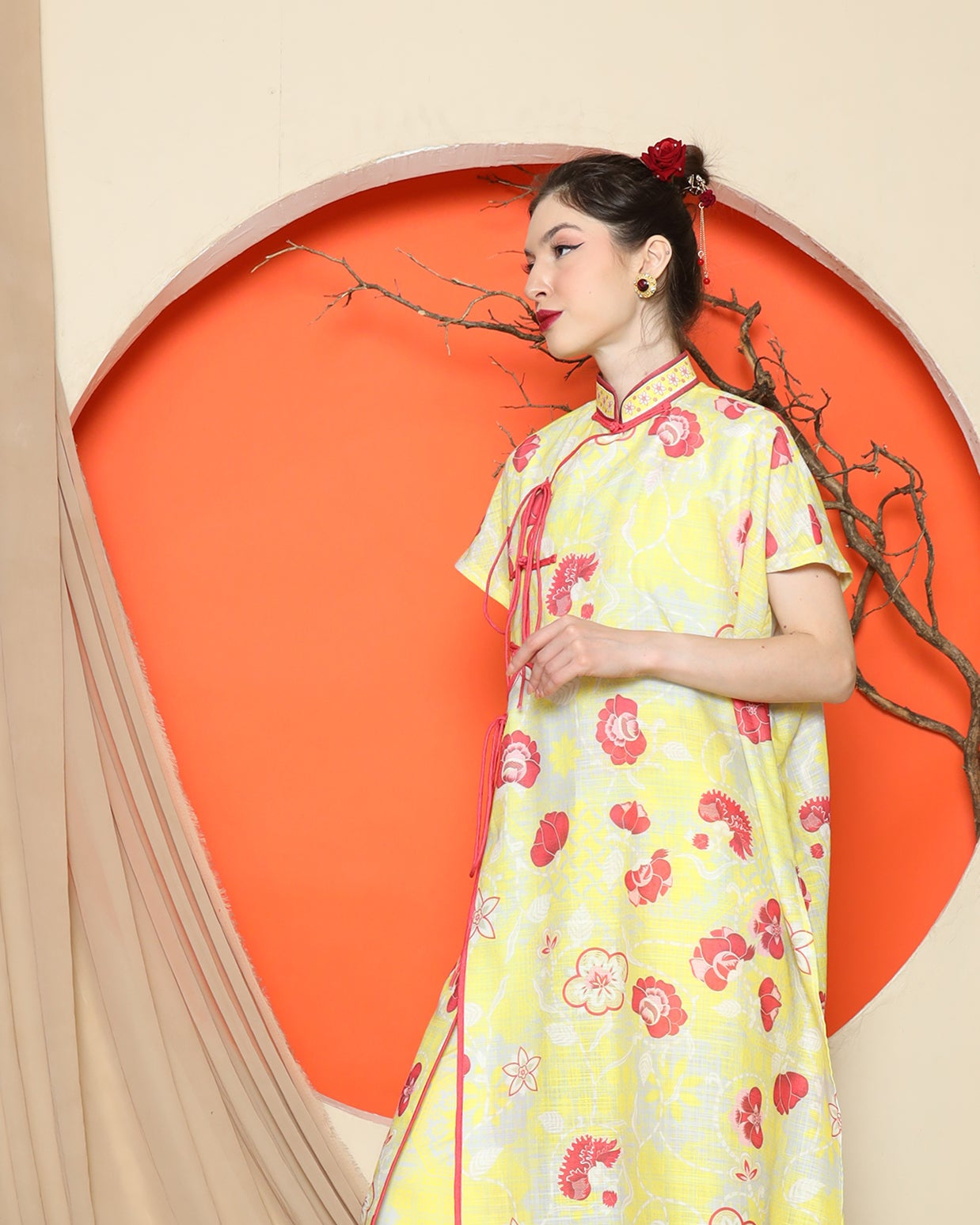 KANZI COLLECTION | Yellow Oriental Floral Cheongsam Pant Set