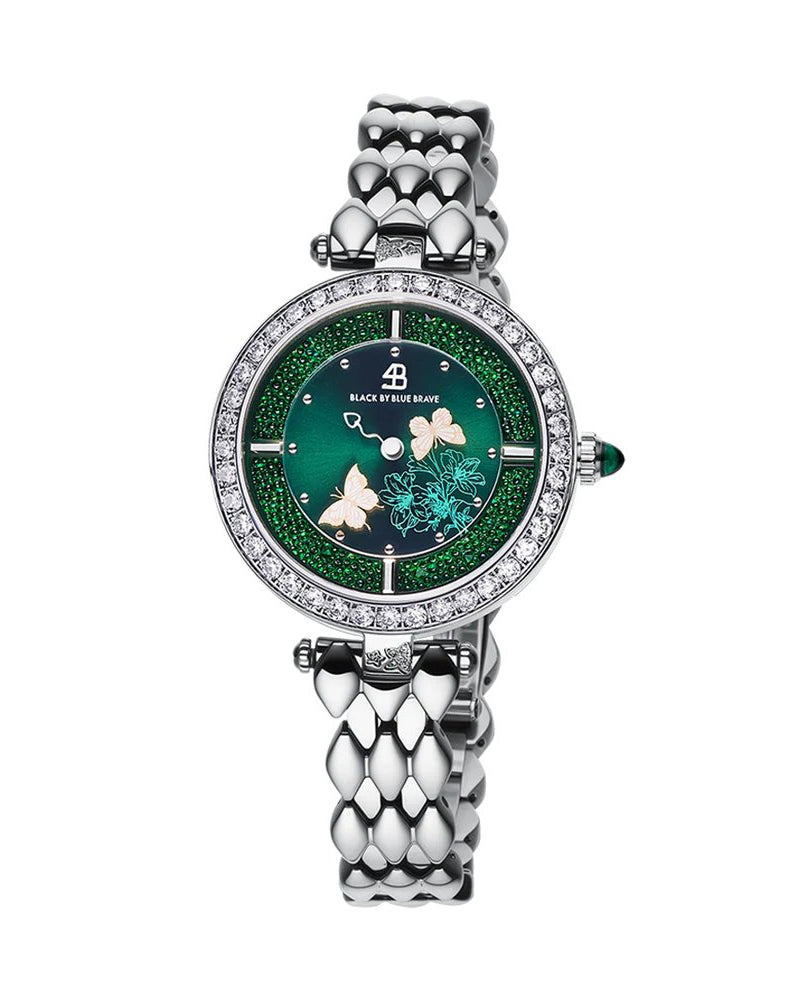 BLACK BY BLUE BRAVE | Butterfly Lovers 34mm Green Dial Moving Butterfly Hands Silver Bracelet Watch