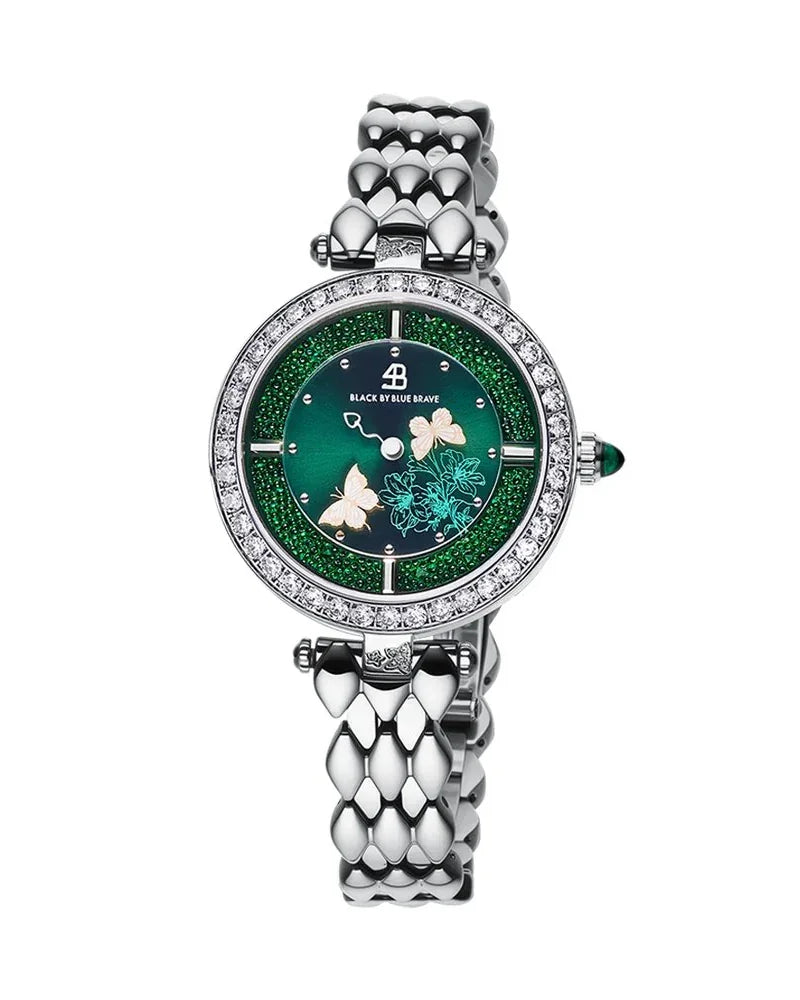 BLACK BY BLUE BRAVE | Butterfly Lovers 34mm Green Dial Moving Butterfly Hands Silver Bracelet Watch